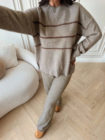 Women's Casual Loose Contrast Color Knit Sweater Set