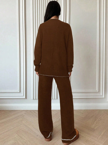 Women's Casual Loose Contrast Color Knit Sweater Set