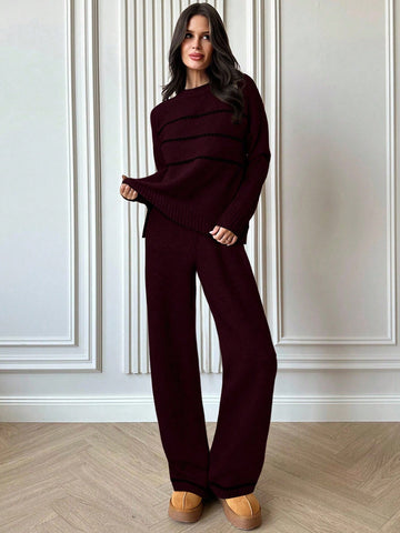 Women's Casual Loose Contrast Color Knit Sweater Set