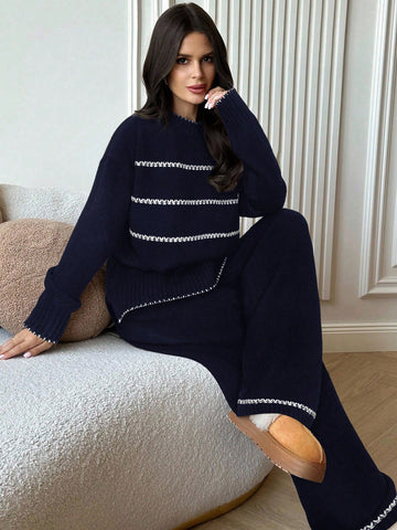 Women's Casual Loose Contrast Color Knit Sweater Set