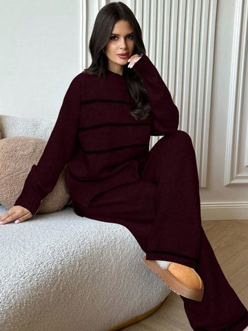 Women's Casual Loose Contrast Color Knit Sweater Set