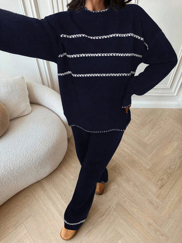 Women's Casual Loose Contrast Color Knit Sweater Set