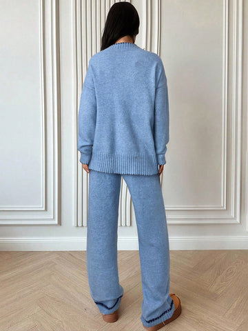 Women's Casual Loose Contrast Color Knit Sweater Set