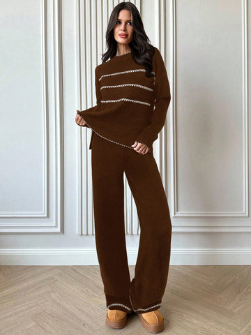 Women's Casual Loose Contrast Color Knit Sweater Set