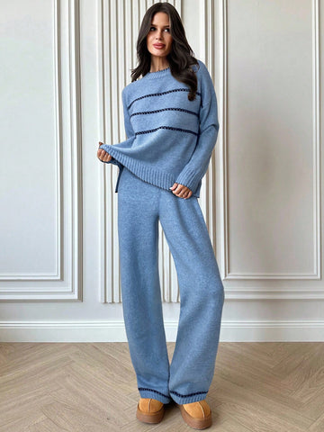 Women's Casual Loose Contrast Color Knit Sweater Set