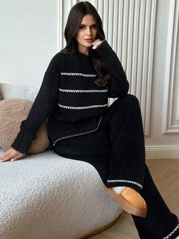 Women's Casual Loose Contrast Color Knit Sweater Set