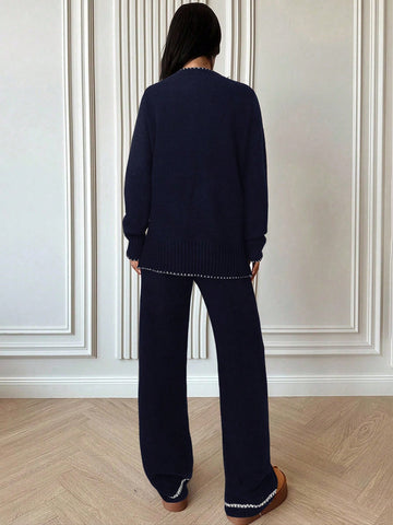 Women's Casual Loose Contrast Color Knit Sweater Set