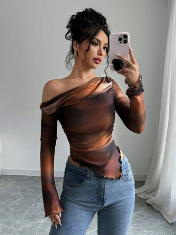Women's Floral Print Asymmetric Shoulder Long Sleeve T-Shirt