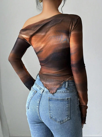 Women's Floral Print Asymmetric Shoulder Long Sleeve T-Shirt