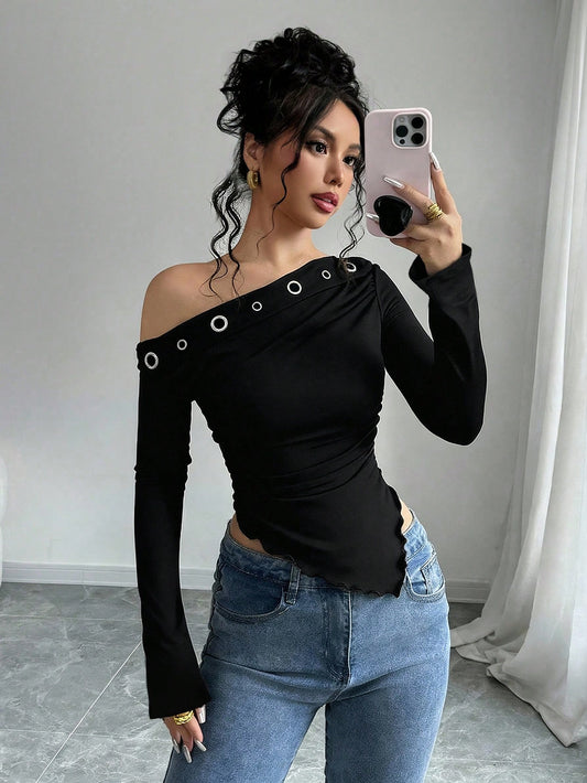 Women's Floral Print Asymmetric Shoulder Long Sleeve T-Shirt