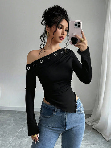 Women's Floral Print Asymmetric Shoulder Long Sleeve T-Shirt