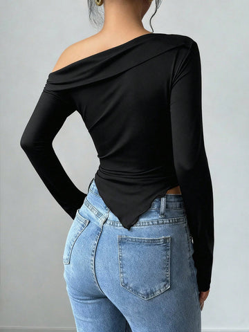 Women's Floral Print Asymmetric Shoulder Long Sleeve T-Shirt