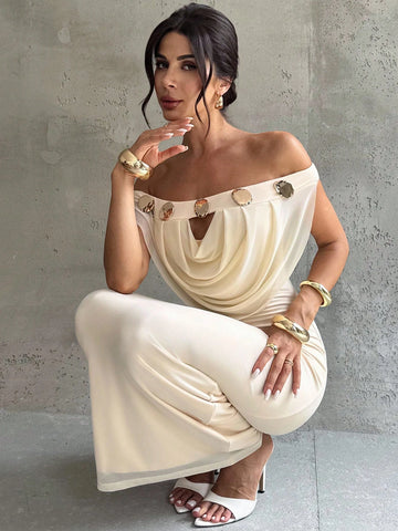 Off Shoulder Plunging Neckline Hollow Metal Decor Mesh Bodycon Maxi Dress