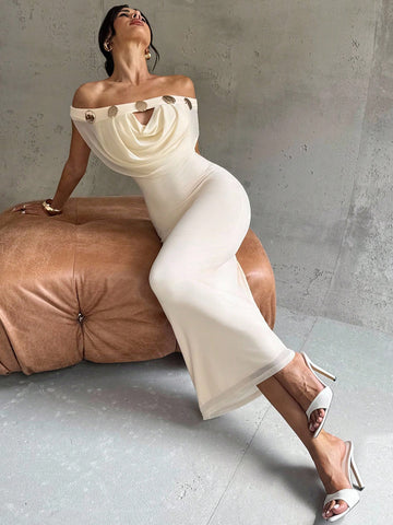 Off Shoulder Plunging Neckline Hollow Metal Decor Mesh Bodycon Maxi Dress