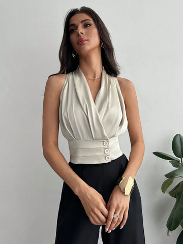 Women's Button Decorated Waist Fitted Elegant Commute Satin Blouse