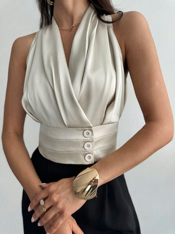 Women's Button Decorated Waist Fitted Elegant Commute Satin Blouse