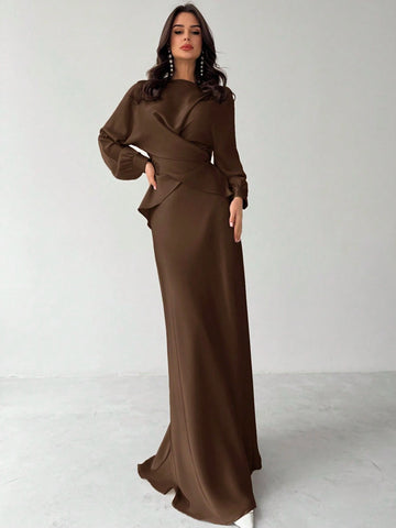 Women Elegant Solid Color Waist Strap Back Satin Glossy Wrap Tie Top