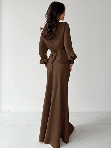 Women Elegant Solid Color Waist Strap Back Satin Glossy Wrap Tie Top