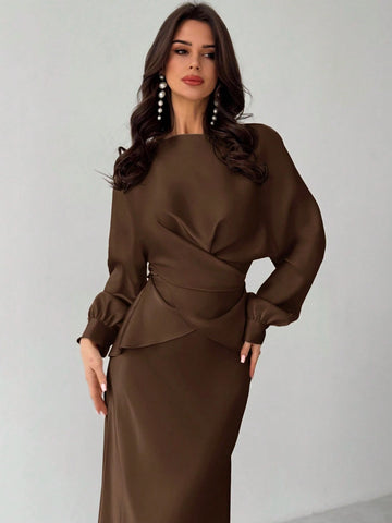 Women Elegant Solid Color Waist Strap Back Satin Glossy Wrap Tie Top