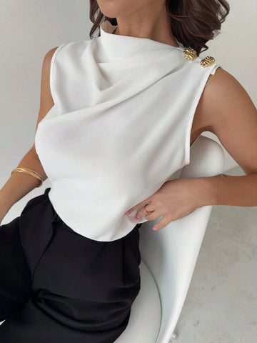 Asymmetric Pleated Collar Metal Button Sleeveless Shirt