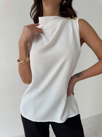 Asymmetric Pleated Collar Metal Button Sleeveless Shirt