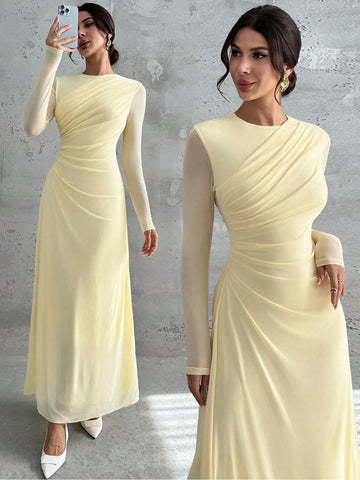 Women's Elegant Vintage Mesh Pleated A-Line Maxi Dress