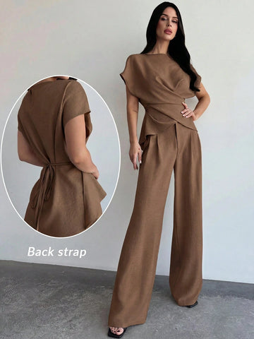 Women's Elegant Commuter Wrap Bustier Corset Top And Flare Leg Pants