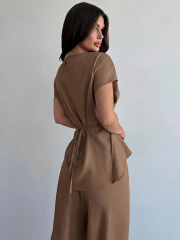 Women's Elegant Commuter Wrap Bustier Corset Top And Flare Leg Pants