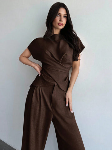 Women's Elegant Commuter Wrap Bustier Corset Top And Flare Leg Pants