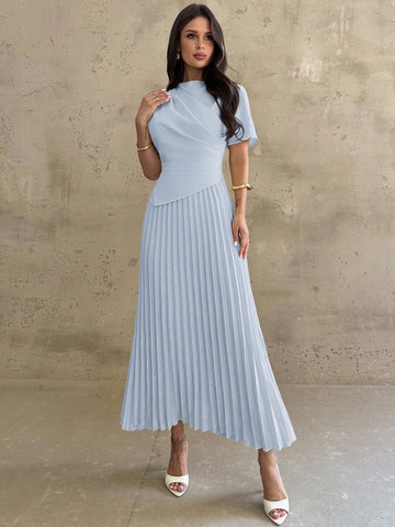 Dress With Draped, Asymmetrical Hem And Pleated Details