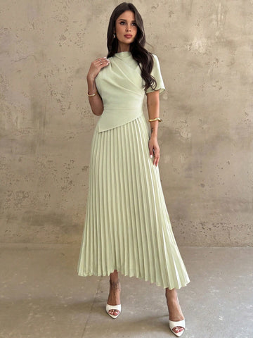 Dress With Draped, Asymmetrical Hem And Pleated Details