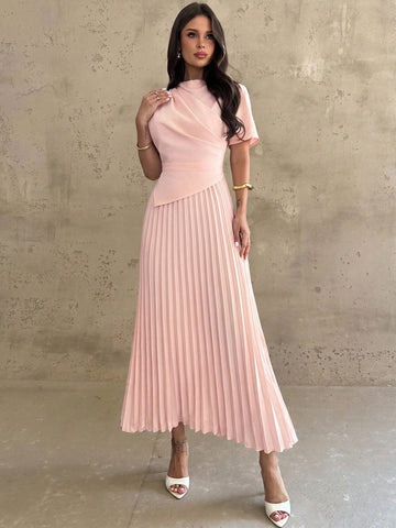 Dress With Draped, Asymmetrical Hem And Pleated Details