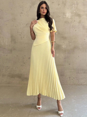 Dress With Draped, Asymmetrical Hem And Pleated Details
