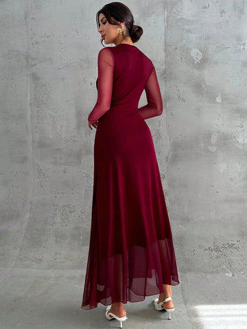 Women's Elegant Vintage Mesh Pleated A-Line Maxi Dress