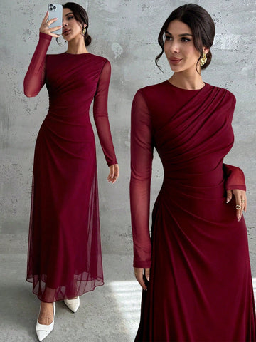 Women's Elegant Vintage Mesh Pleated A-Line Maxi Dress