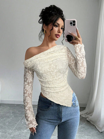 Women's Floral Print Asymmetric Shoulder Long Sleeve T-Shirt