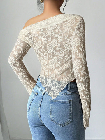 Women's Floral Print Asymmetric Shoulder Long Sleeve T-Shirt