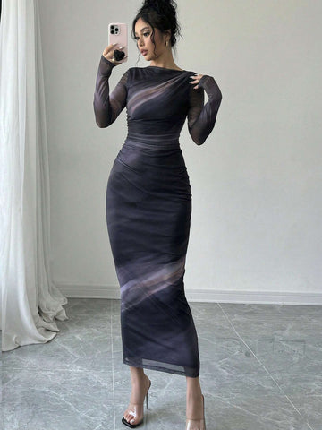 Women's Elegant Romantic Date Party Pink Tie-Dye Mesh Bodycon Dress