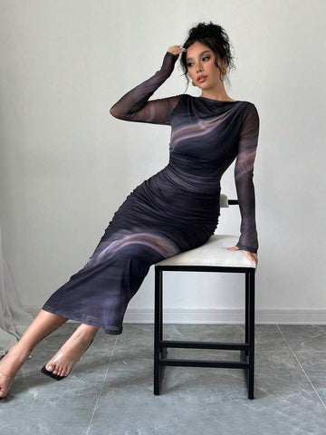 Women's Elegant Romantic Date Party Pink Tie-Dye Mesh Bodycon Dress