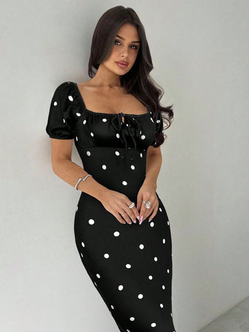 Women Elegant Square Neck Polka Dot Dress