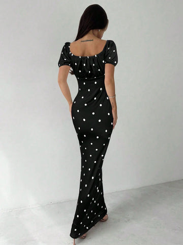 Women Elegant Square Neck Polka Dot Dress
