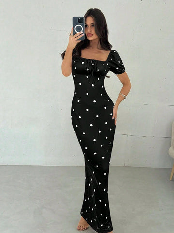 Women Elegant Square Neck Polka Dot Dress