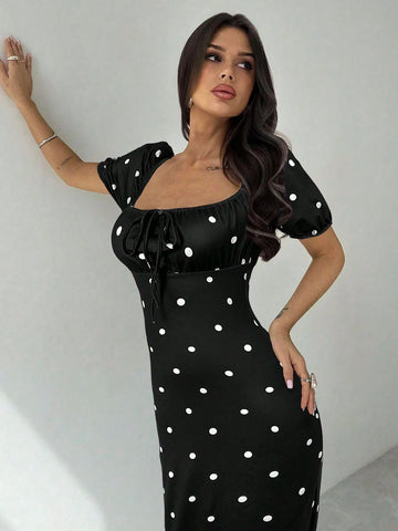 Women Elegant Square Neck Polka Dot Dress