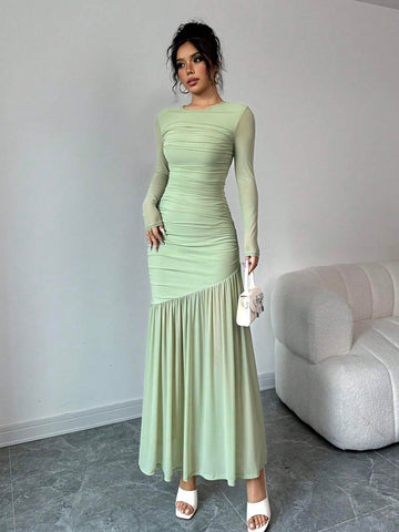 Women's Long Sleeve Round Neck Mesh Dress