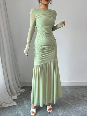 Women's Long Sleeve Round Neck Mesh Dress