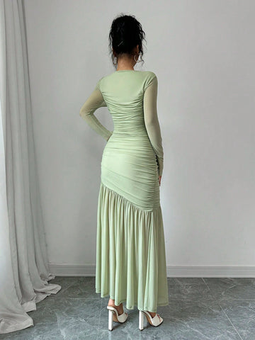Women's Long Sleeve Round Neck Mesh Dress