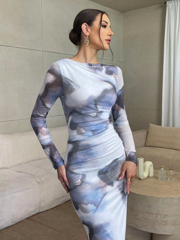 Privé Elegant Women's Long Sleeve Pleated Mesh Dress