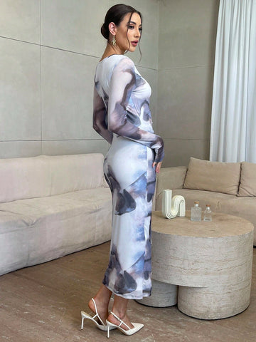 Women's Round Neck Long Sleeve Tie-Dye Printed Bodycon Long Dress