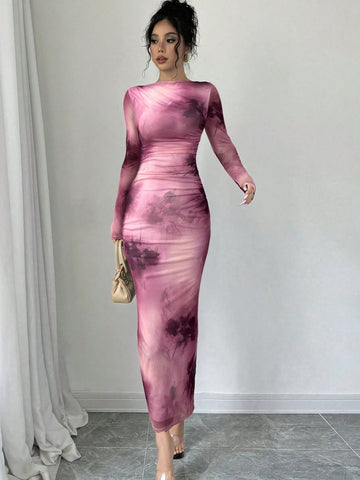 Women's Elegant Romantic Date Party Pink Tie-Dye Mesh Bodycon Dress