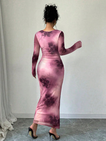 Women's Elegant Romantic Date Party Pink Tie-Dye Mesh Bodycon Dress